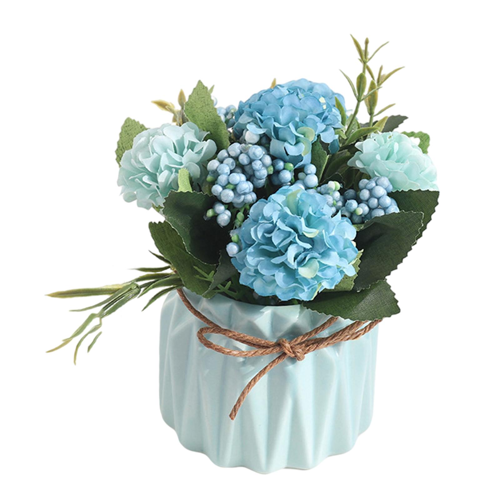 Artificial Flowers Bonsai, Artificial Plants Hydrangea Flowers in Ceramic Vase Blue